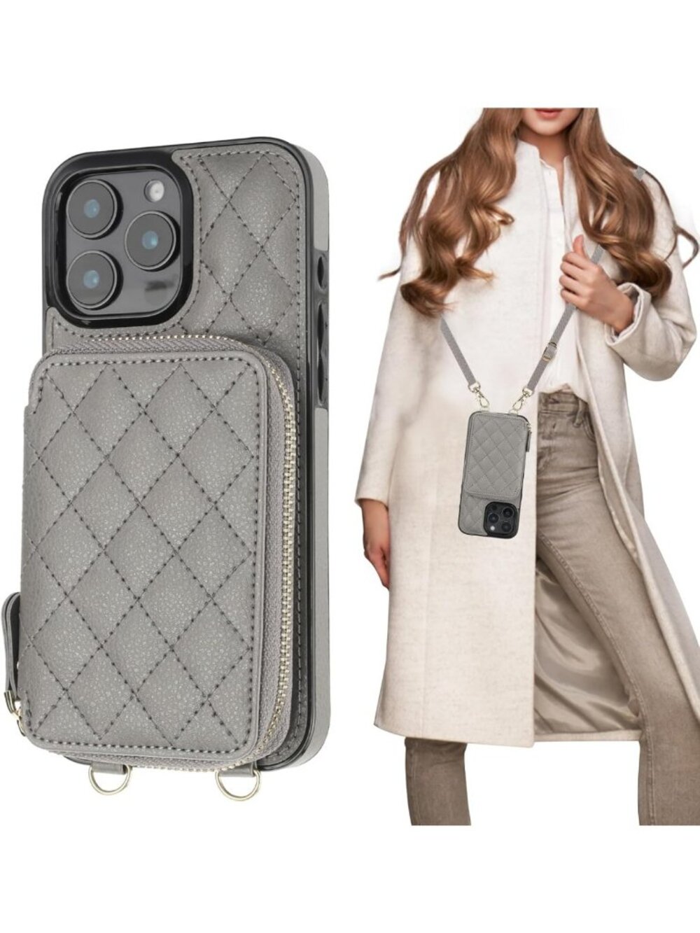 Stylish Crossbody Wallet Case & Card Holder for iPhone 16 Pro Max - Grey
